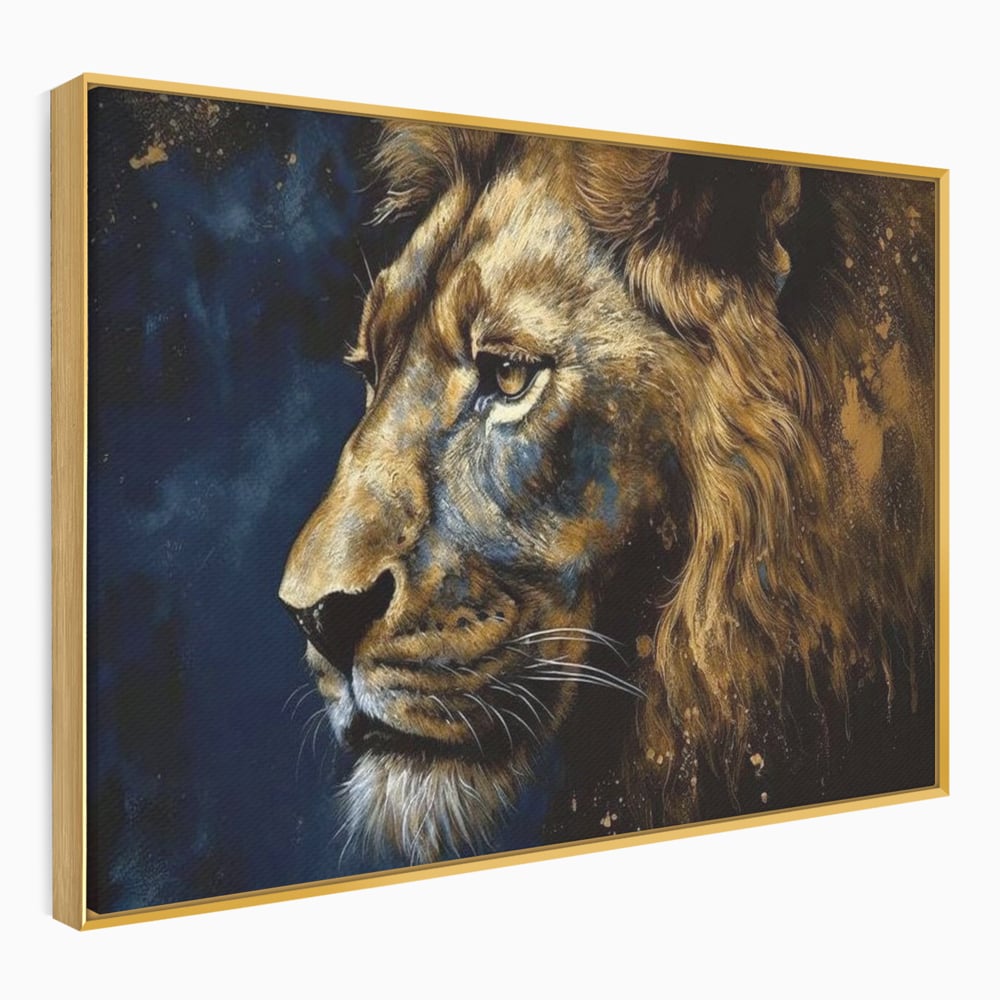 Tablou canvas cu tablou canvas cu leu in profil, in rama de aluminiu auriu